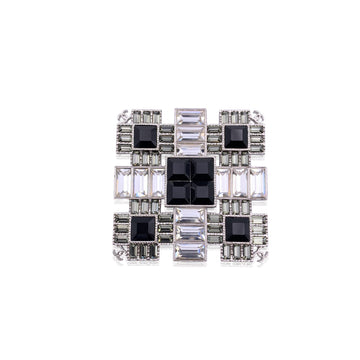 CHANEL Silver Metal Clear Black Crystals Square Brooch Pin