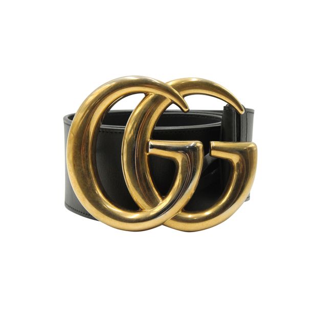 Gucci wide leather belt online with double g buckle