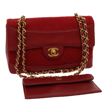 CHANEL Matelasse Double Chain Shoulder Bag Cotton Leather Red CC Auth 30896A