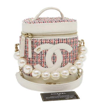 CHANEL Pearl Hand Bag tweed 3ways White Red CC Auth 31176A