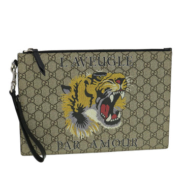 GUCCI GG Supreme Tiger Clutch Bag PVC Leather Gray 473904 Auth 31726
