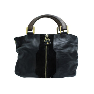 JIMMY CHOO Black Leather/ Suede Tote With Wooden Top Handles