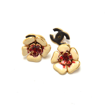 CHANEL Red x Gold Tone Flower Motif Stud Earrings