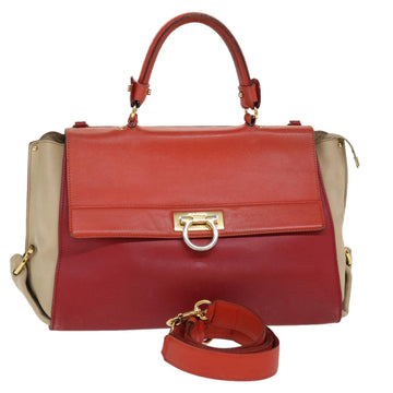 SALVATORE FERRAGAMO Sofia Hand Bag Leather 2way Red Beige Auth 39627