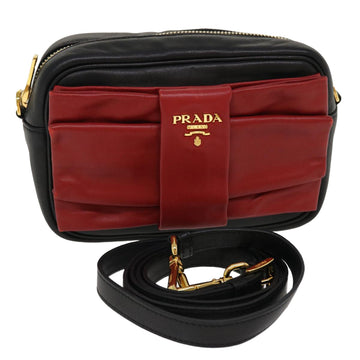 PRADA Ribbon Shoulder Bag Leather Red Black Auth 39645A