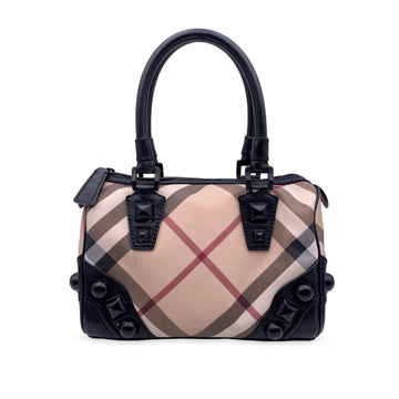 BURBERRY Black Beige Nova Check On Studs Canvas Leather Boston Bag