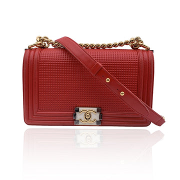 CHANEL Red Cube Embossed Leather Medium Boy Shoulder Bag