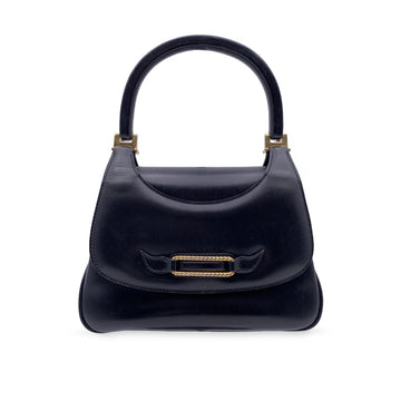 GUCCI Vintage Black Leather Flap Handbag Top Handle Bag