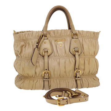 PRADA Hand Bag Leather 2way Beige Auth 40335