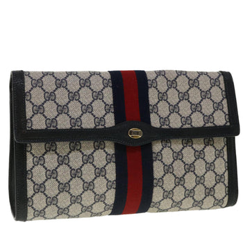 GUCCI GG Canvas Sherry Line Clutch Bag Gray Navy Red 89.01.007 Auth 40956