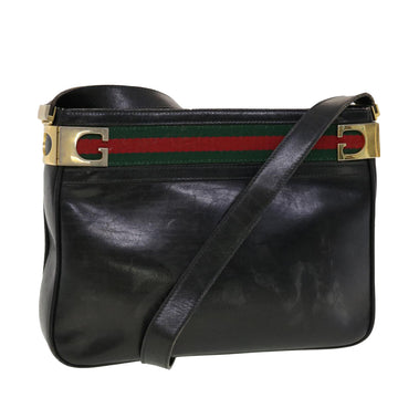 GUCCI Web Sherry Line Shoulder Bag Leather Black Red Green Auth 41258