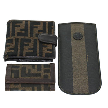 FENDI Key Case Zucca Canvas Wallet 3Set Black Brown Auth 41787