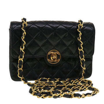 CHANEL Mini Matelasse Chain Shoulder Bag Lamb Skin Black CC Auth 42862