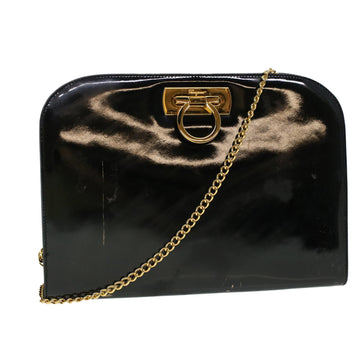 SALVATORE FERRAGAMO Gancini Chain Shoulder Bag Patent leather Black Auth 43098