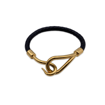 HERMES Black Woven Leather Gold Metal Jumbo Hook Bracelet