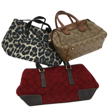 Coach Signature Leopard Hand Bag Canvas Leather 3Set Beige Brown Red Auth 44686