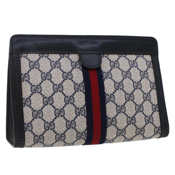 GUCCI GG Canvas Sherry Line Clutch Bag Gray Red Navy 64.014.2125.23 Auth 44752