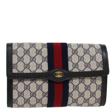 GUCCI GG Canvas Sherry Line Clutch Bag Gray Red Navy 8901006 Auth 44806