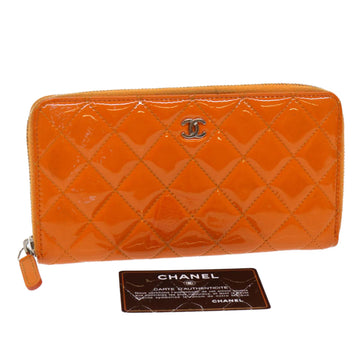 CHANEL Matelasse Long Wallet Enamel Orange CC Auth 45618