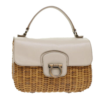 SALVATORE FERRAGAMO Gancini Basket Hand Bag Straw Leather White Brown Auth 45994