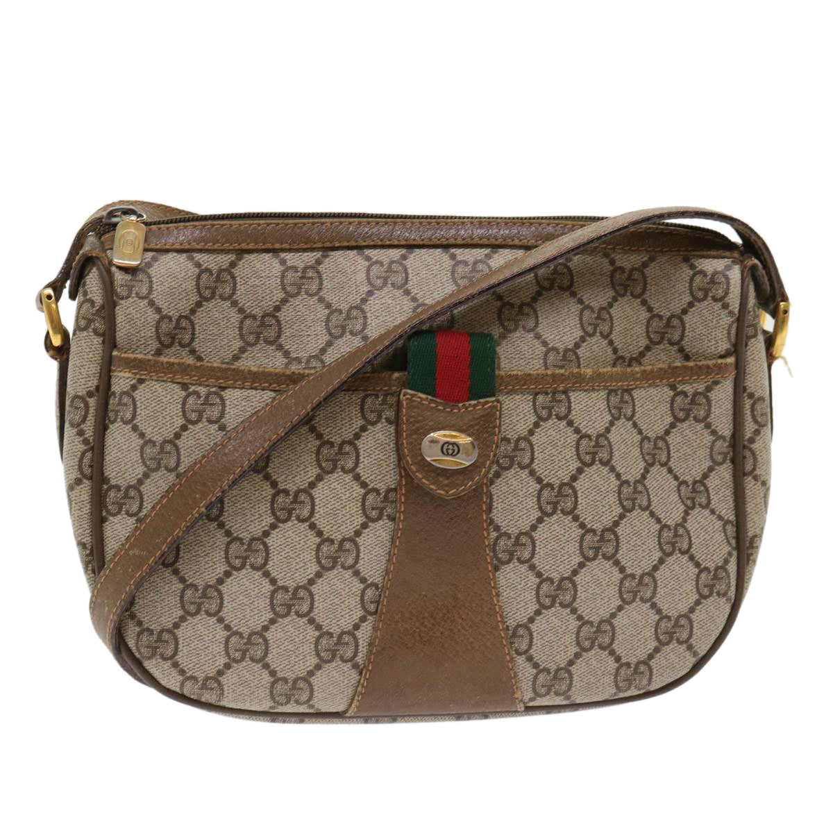 GUCCI GG Canvas Web Sherry Line Shoulder Bag PVC Leather Beige Green A