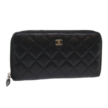 CHANEL Matelasse Long Wallet Lamb Skin Black CC Auth 47560