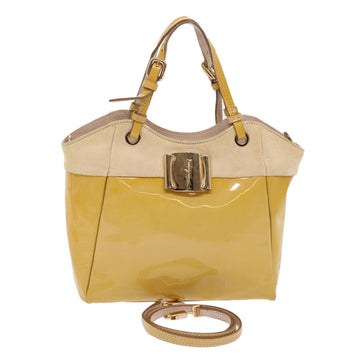 SALVATORE FERRAGAMO Hand Bag Enamel 2way Beige Auth 48095