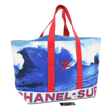 CHANEL Surf Line Tote Bag Canvas Blue White Red CC Auth 48176