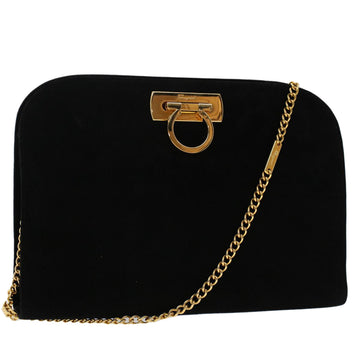 SALVATORE FERRAGAMO Gancini Chain Shoulder Bag Suede Black Auth 48748