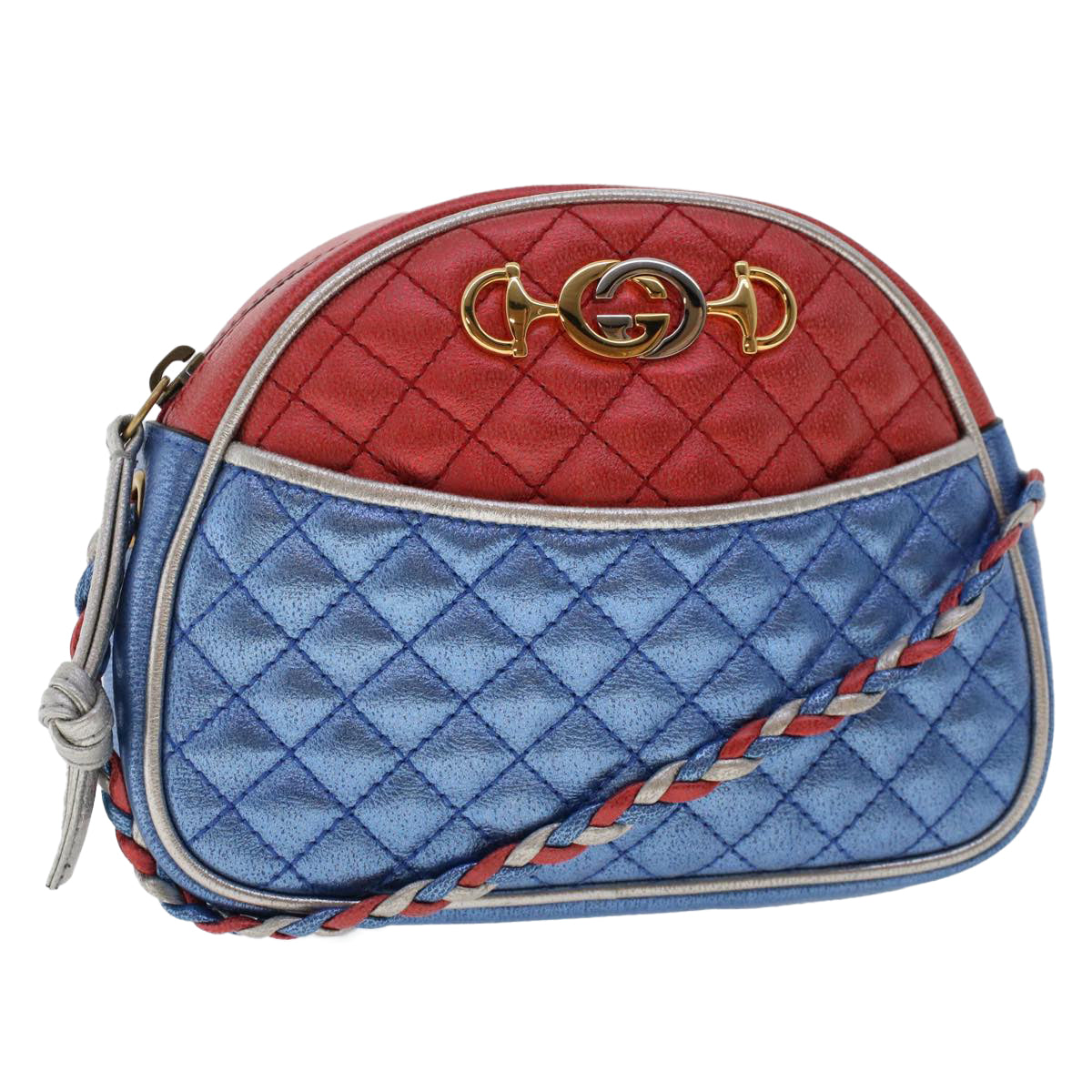 GUCCI Quilted Shoulder Bag Leather Red Blue Auth 49168