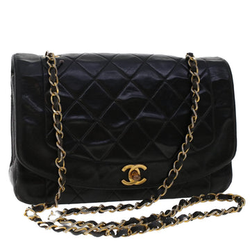 CHANEL Matelasse 25 Chain Diana Shoulder Bag Lamb Skin Black CC Auth 49399