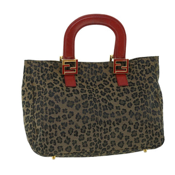 FENDI Leopard Hand Bag Nylon Leather Brown Red Auth 50533