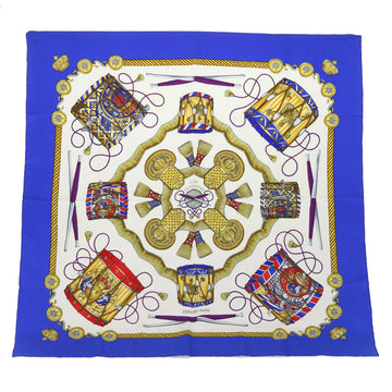 HERMES Carre 90 LES TAMBOURS Scarf Silk White Blue Red Auth 51104