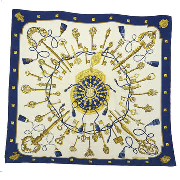 HERMES Carre 90 LES Cles Scarf Silk White Navy Auth 51106