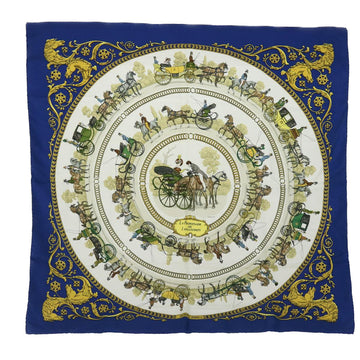 HERMES Carre 90 LA PROMENADE DE LONGCHAMPS Scarf Silk Blue Auth 51681