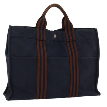 HERMES Fourre Tout MM Tote Bag cotton Navy Brown Auth 51875