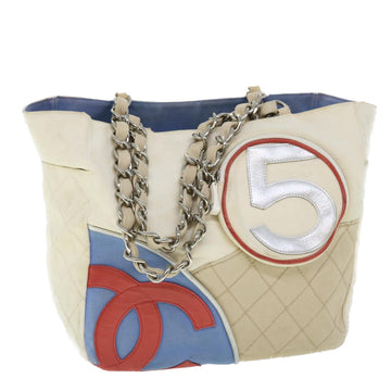 CHANEL Chain Tote Bag No.5 Canvas White CC Auth 51973