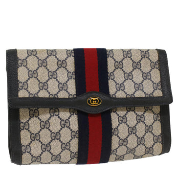 GUCCI GG Canvas Sherry Line Clutch Bag PVC Leather Navy Red Auth 53647