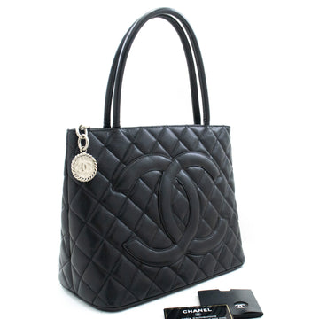 CHANEL Silver Medallion Caviar Shoulder Bag Grand Shopping Tote