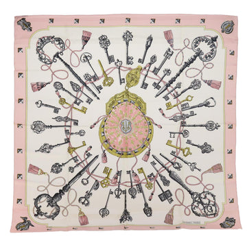 HERMES Carre 90 LES CLES Scarf Silk Pink White Auth 54380