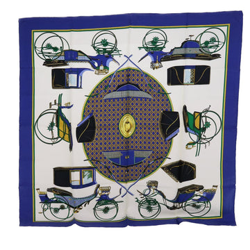 HERMES Carre 90 Les coitures Scarf Silk Blue White Auth 55441