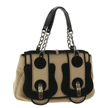 FENDI Shoulder Bag Cotton Beige Black Auth 56685