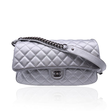 CHANEL Airline 2016 Silver Metal Quilted Leather Easy Flap Shoulder Bag