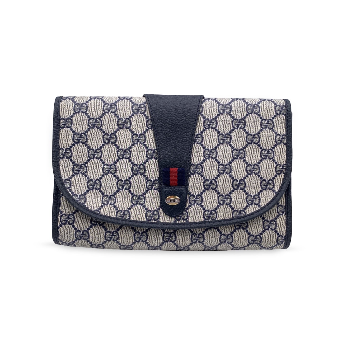 GUCCI Vintage Blue Monogram Canvas Flap Cosmetic Bag Clutch