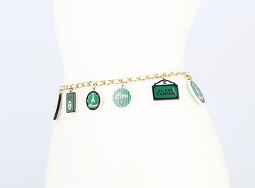 Chanel White Leather Belt Golden Chain Green Plastrons