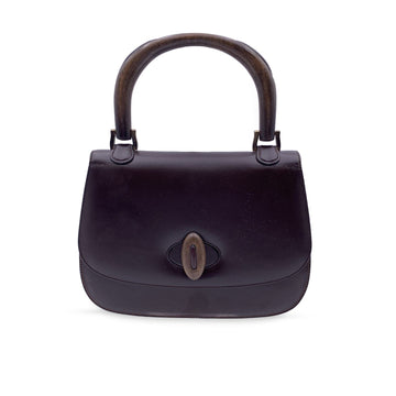 GUCCI Vintage Brown Leather Handbag Bag With Top Wood Handle