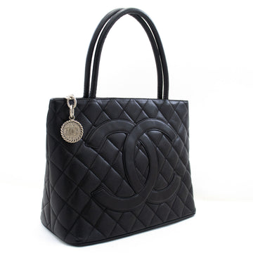 CHANEL Silver Medallion Caviar Shoulder Bag Shopping Tote Black SV