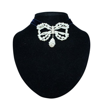 CHANEL Navy Blue Velvet Choker With Faux Pearls