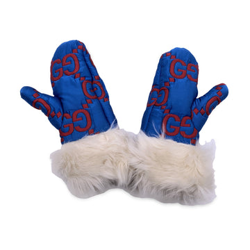 GUCCI Blue And Red Monogram Ski Gloves Shearling Trim Size 8.5 S