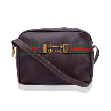 GUCCI Vintage Brown Leather Horsebit Shoulder Bag With Stripes